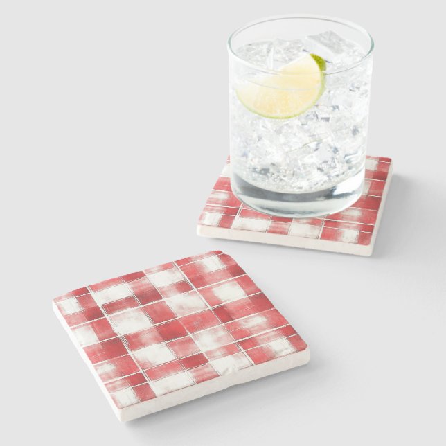 Red White Plaid Stripes Stone Coaster (Side)