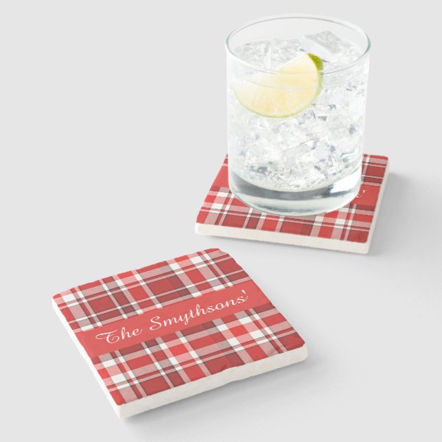 Red White Plaid Tartan | Add Your Name Stone Coaster (Side)