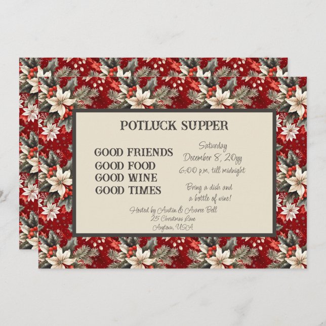 Red White Poinsettia Christmas POT LUCK Supper Invitation (Front/Back)