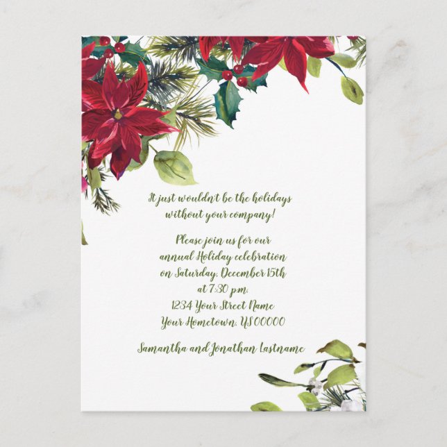 Red & White Poinsettia Holly Christmas Party Invitation Postcard (Front)
