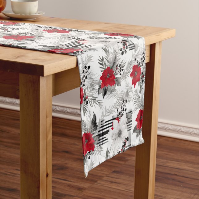 Red White Poinsettia Plaid Christmas Pattern Short Table Runner (In Situ)