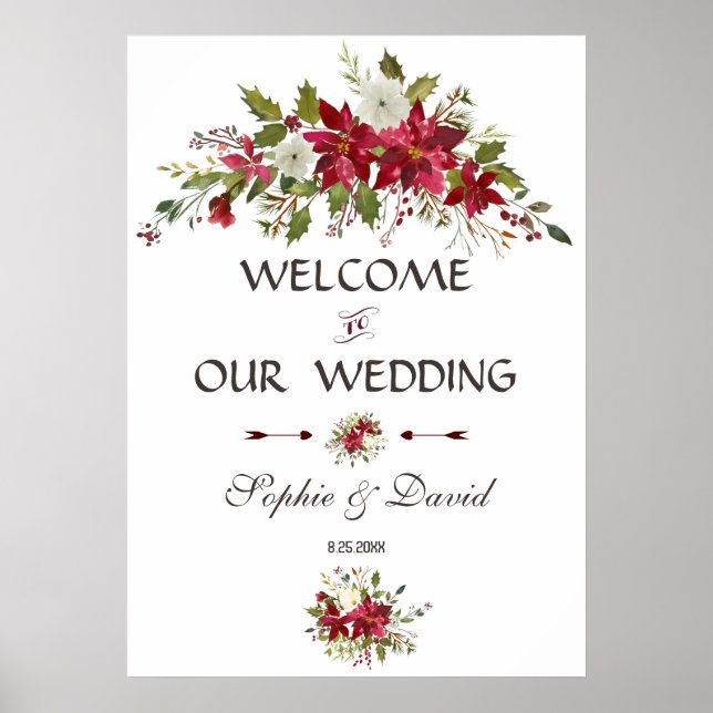 Red White Poinsettia Wedding Welcome Sign (Front)