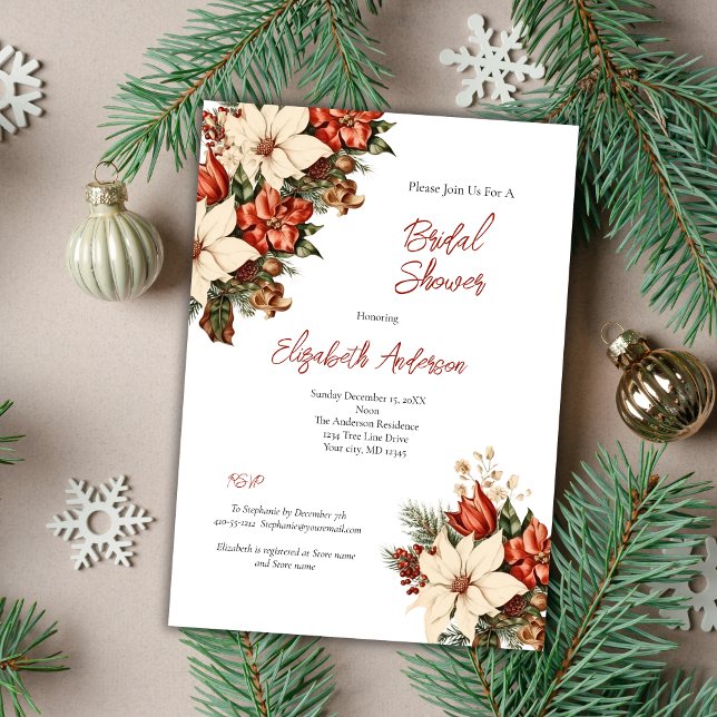 Red White Poinsettia Winter Holiday Bridal Shower Invitation (Vintage Poinsettia Red white elegant Christmas Holiday Winter Fall Bridal Shower invitation)