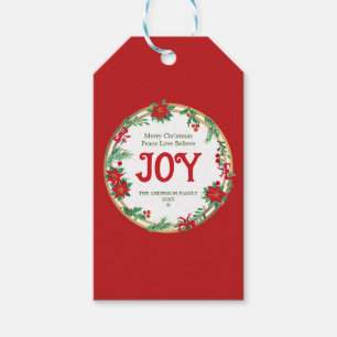 Red White Poinsettia Wreath Retro Merry Christmas Gift Tags