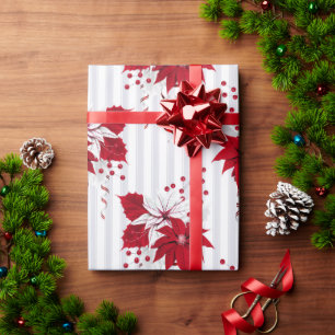 Red & White Poinsettias Floral Christmas Holiday Wrapping Paper