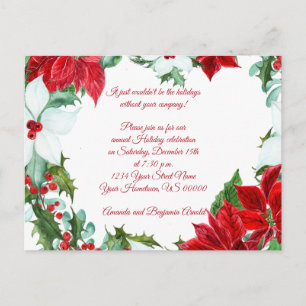 Red White Poinsettias Holly Berries Holiday Party Postcard