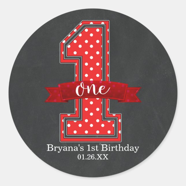 Red & White Polka Dot 1 One 1st Birthday Party Classic Round Sticker (Front)