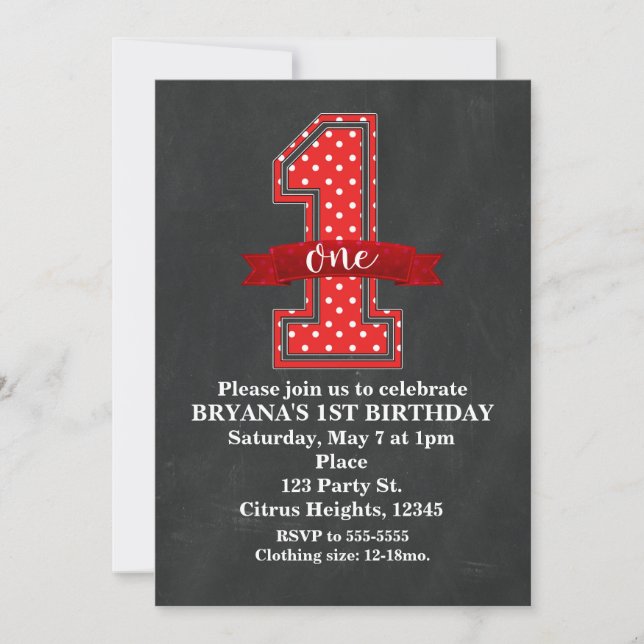 Red & White Polka Dot 1 One 1st Birthday Party Invitation (Front)