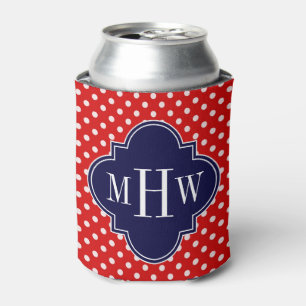 Red White Polka Dot Navy Quatrefoil 3 Monogram Can Cooler