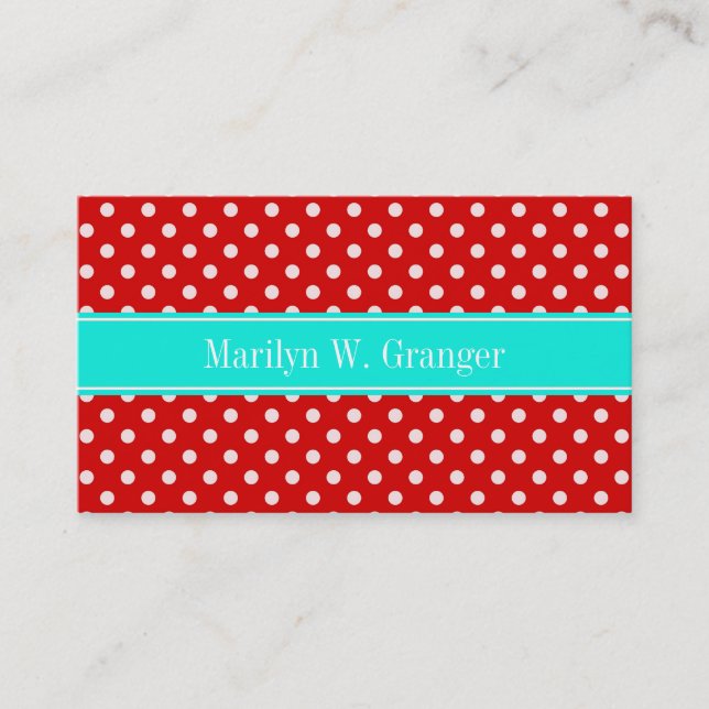 Red White Polka Dots Bright Aqua Name Monogram Business Card (Front)