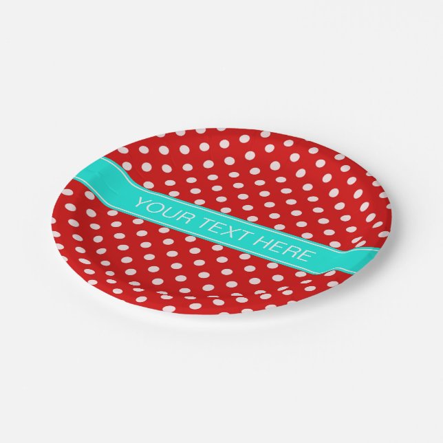 Red White Polka Dots Bright Aqua Ribbon Monogram Paper Plate (Angled)