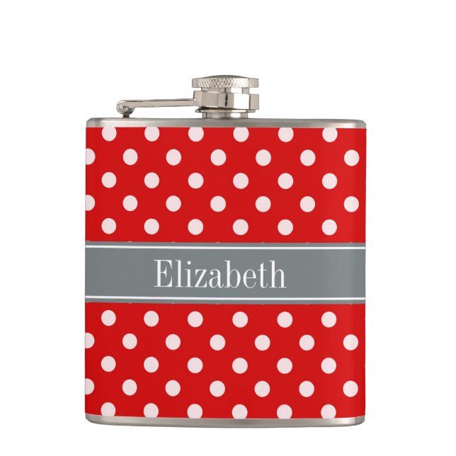 Red White Polka Dots Charcoal Ribbon Monogram Hip Flask (Front)
