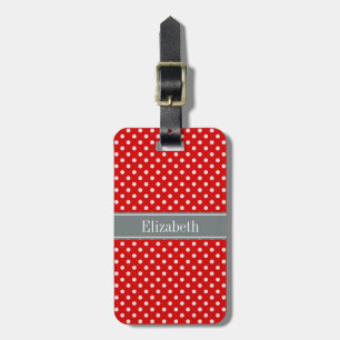 Red White Polka Dots Charcoal Ribbon Monogram Luggage Tag