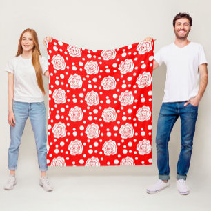 Red White Polka Dots Floral Illustration Design Fleece Blanket