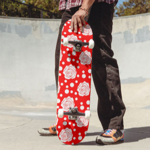 Red White Polka Dots Floral Illustration Design Skateboard
