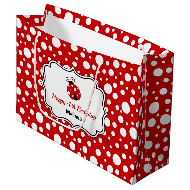 Red White Polka Dots Ladybug Frame Kids Birthday  Large Gift Bag (Front Angled)