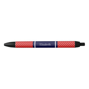 Red White Polka Dots Navy Blue Ribbon Monogram Black Ink Pen