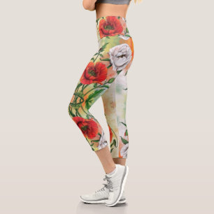 Red White Poppies Capri Leggings Flowers