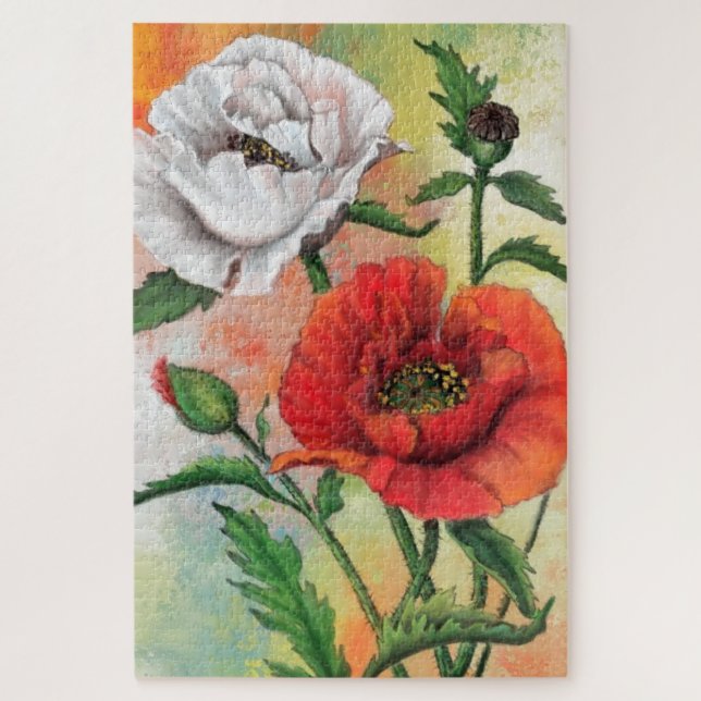 Red White Poppies Jigsaw Puzzle Painting (Vertical)