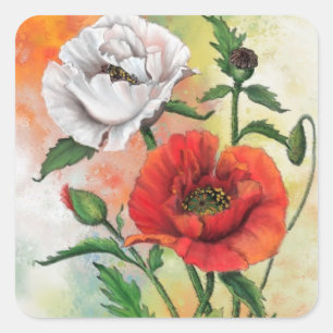 Red White Poppies Sticker - Painting