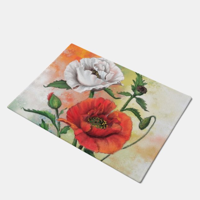 Red White Poppy Doormat (Angled)