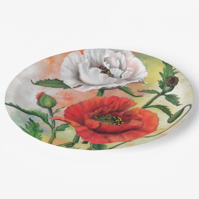 Red White Poppy Paper Plates Flowers (Angled)