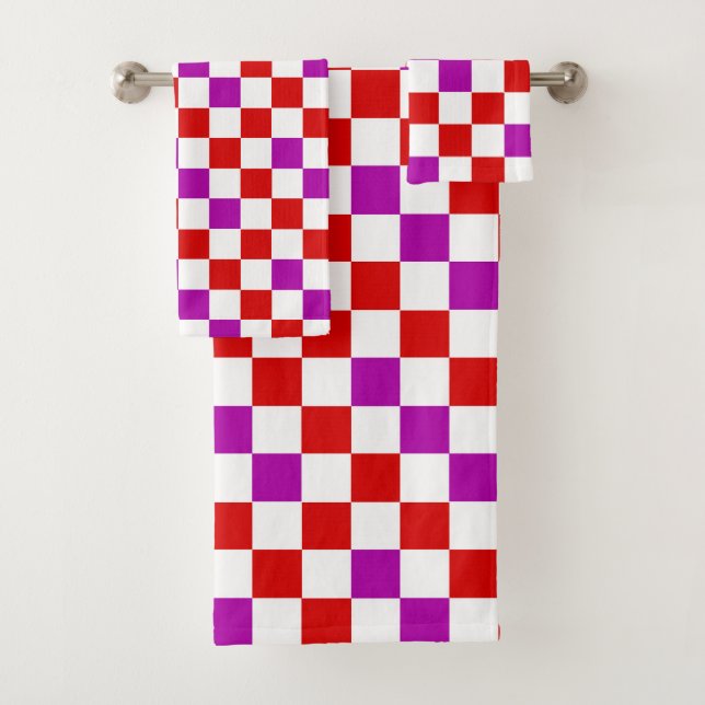 Red White Purple Chequered Pattern Design  Bath Towel Set (Insitu)