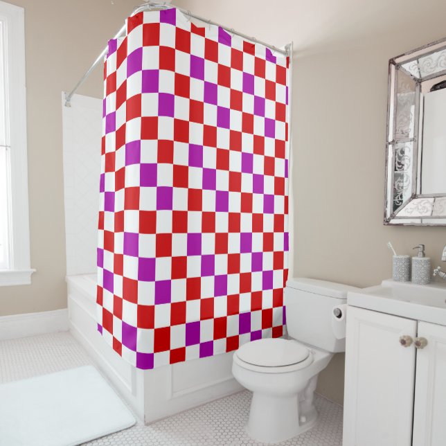 Red White Purple Chequered Pattern Design  Shower Curtain (In Situ)