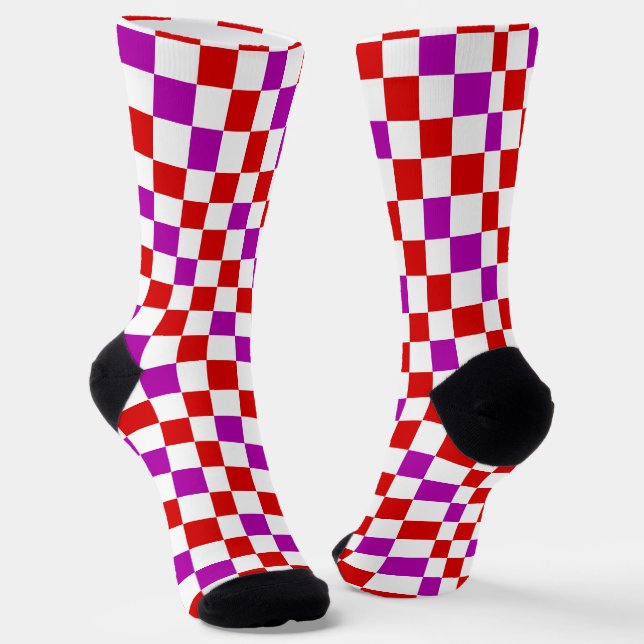 Red White Purple Chequered Pattern Design  Socks (Angled)