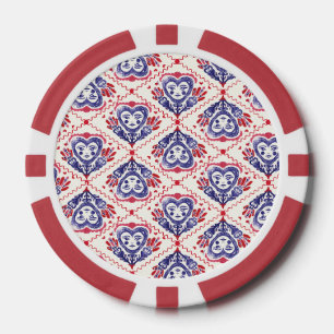 Red White Queen Of Hearts Linocut Poker Chips