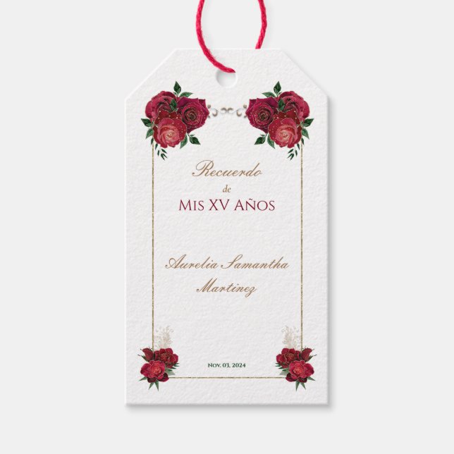 Red, White, Quinceañera Recuerdo Gift Tag (Front)