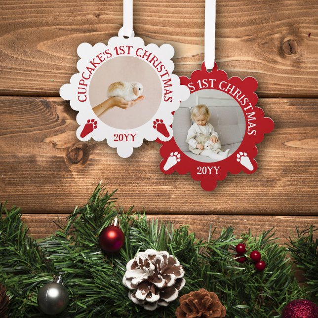 Red White Rabbit Paw Prints Bunny's 1st Christmas Tree Decoration Card (Creator Uploaded)