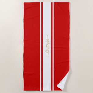 Red White Racing Stripes Gold Monogrammed Pool Beach Towel