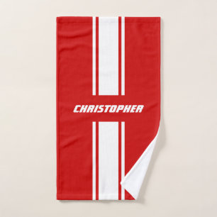 Red White Racing Stripes Monogram Mens Kids Boys Bath Towel Set