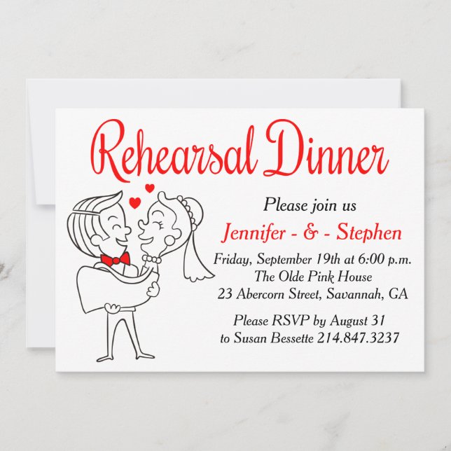 Red & White Rehearsal Dinner Cartoon Bride & Groom Invitation (Front)