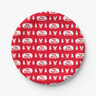 Red White Reindeer and Christmas Tree Pattern Paper Plate