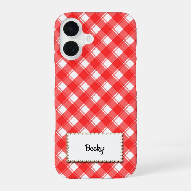 Red White Retro Gingham Plaid Custom iPhone 16 Case (Back)