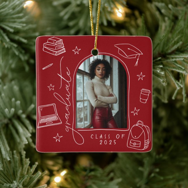Red White Retro Hand Drawn Photo Graduation Ceramic Ornament (Tree)