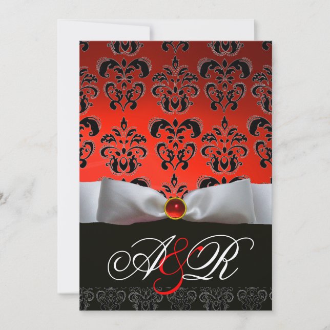 RED WHITE RIBBON & BLACK DAMASK MONOGRAM Ruby Invitation (Front)