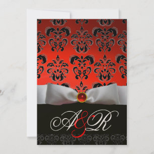 RED WHITE RIBBON & BLACK DAMASK MONOGRAM Ruby Invitation