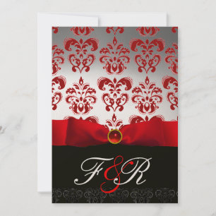 RED WHITE RIBBON & BLACK DAMASK MONOGRAM Ruby Invitation