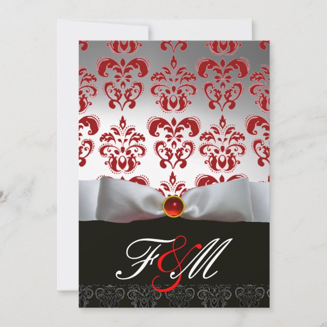 RED WHITE RIBBON & BLACK DAMASK MONOGRAM Ruby Invitation (Front)