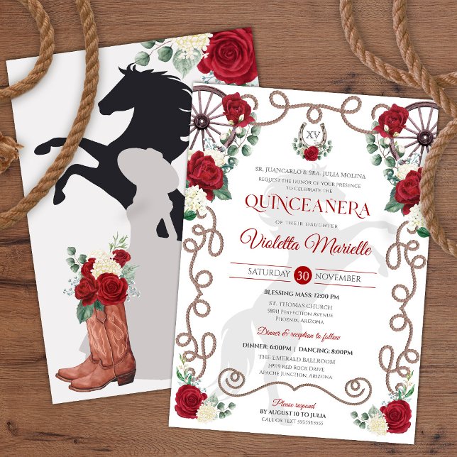 Red White Rose Elegant Western Charra Quinceanera Invitation (Creator Uploaded)