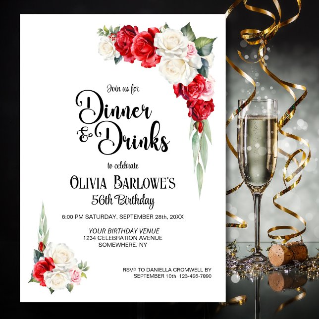 Red White Rose Floral Dinner and Drinks Birthday Invitation (Creator Uploaded)