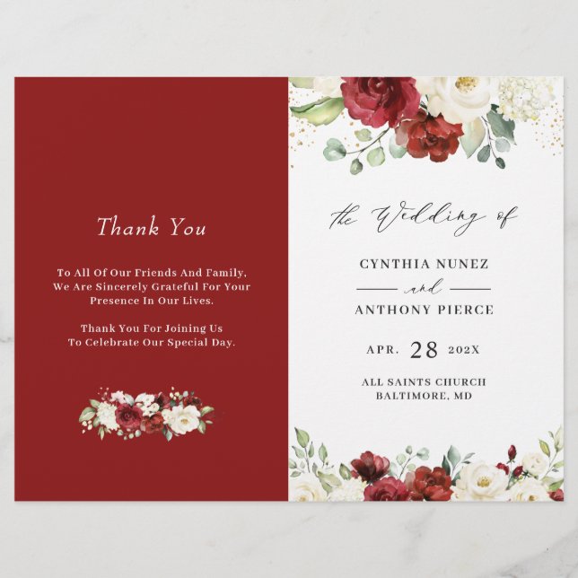 Red White Rose Floral DIY Folded Wedding Program (Front)