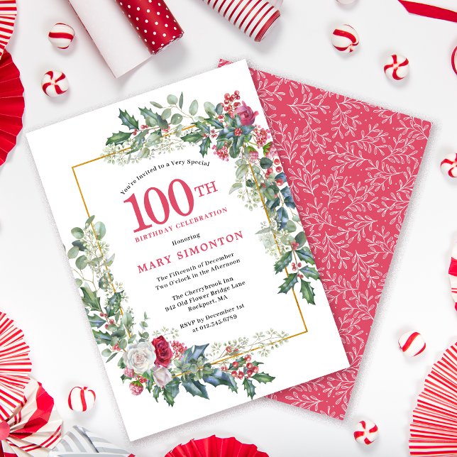 Red White Rose Floral Holly 100th Birthday Invitation (Need a matching welcome sign. Party supplies. Message me.)