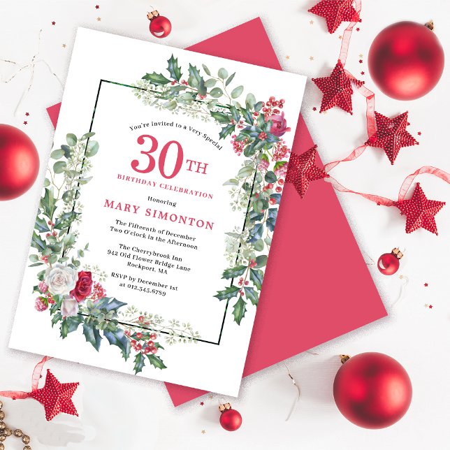 Red White Rose Floral Holly 30th Birthday Party Invitation (Need a matching welcome sign. Coordinating party supplies available. Message me!)