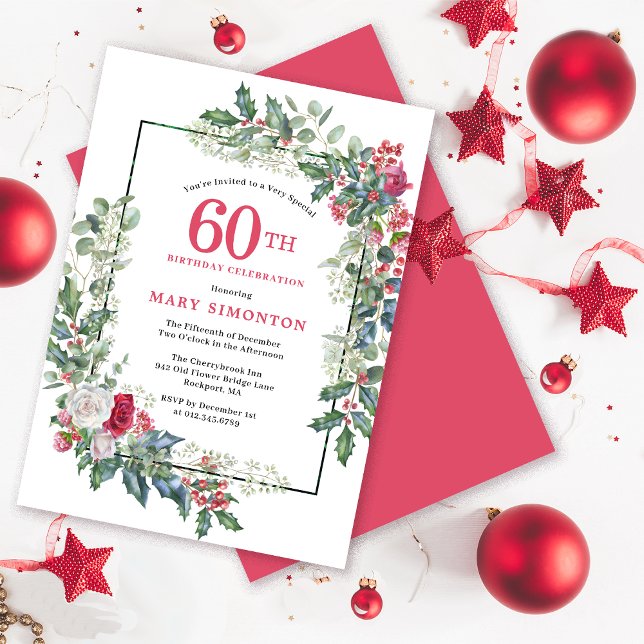 Red White Rose Floral Holly 60th Birthday Party Invitation (Need a matching welcome sign? Coordinating party supplies. Message me!)