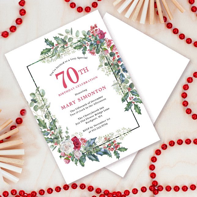 Red White Rose Floral Holly 70th Birthday Party Invitation (Need a matching welcome sign? Message me!)