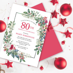 Red White Rose Floral Holly 80th Birthday Party Invitation